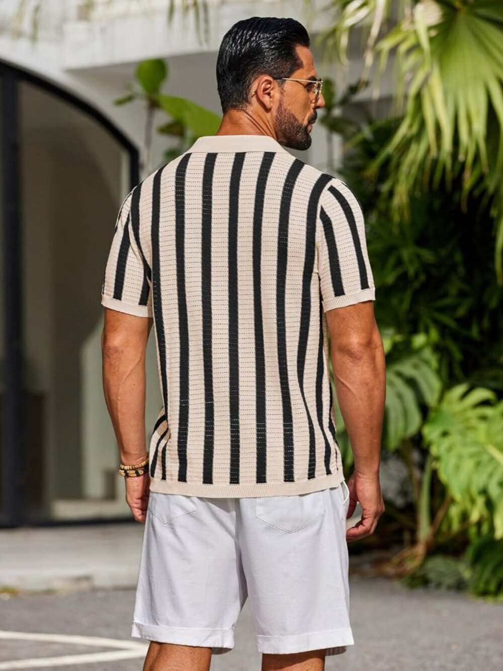 Men's Black Knit Striped Polo Short Sleeve Summer Beach Casual Shirt - Picture 3 of 6